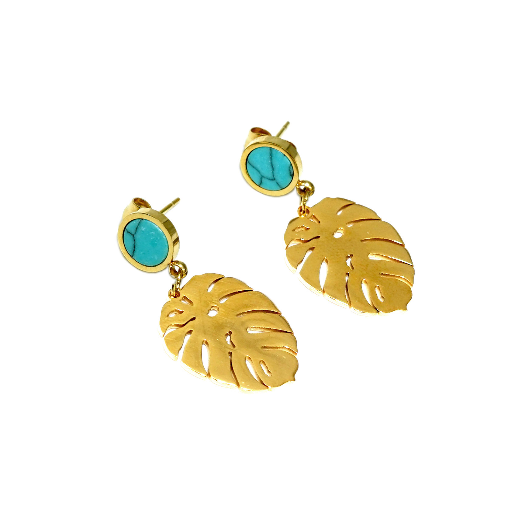 Boucles Tayrona doré monstera turquoise