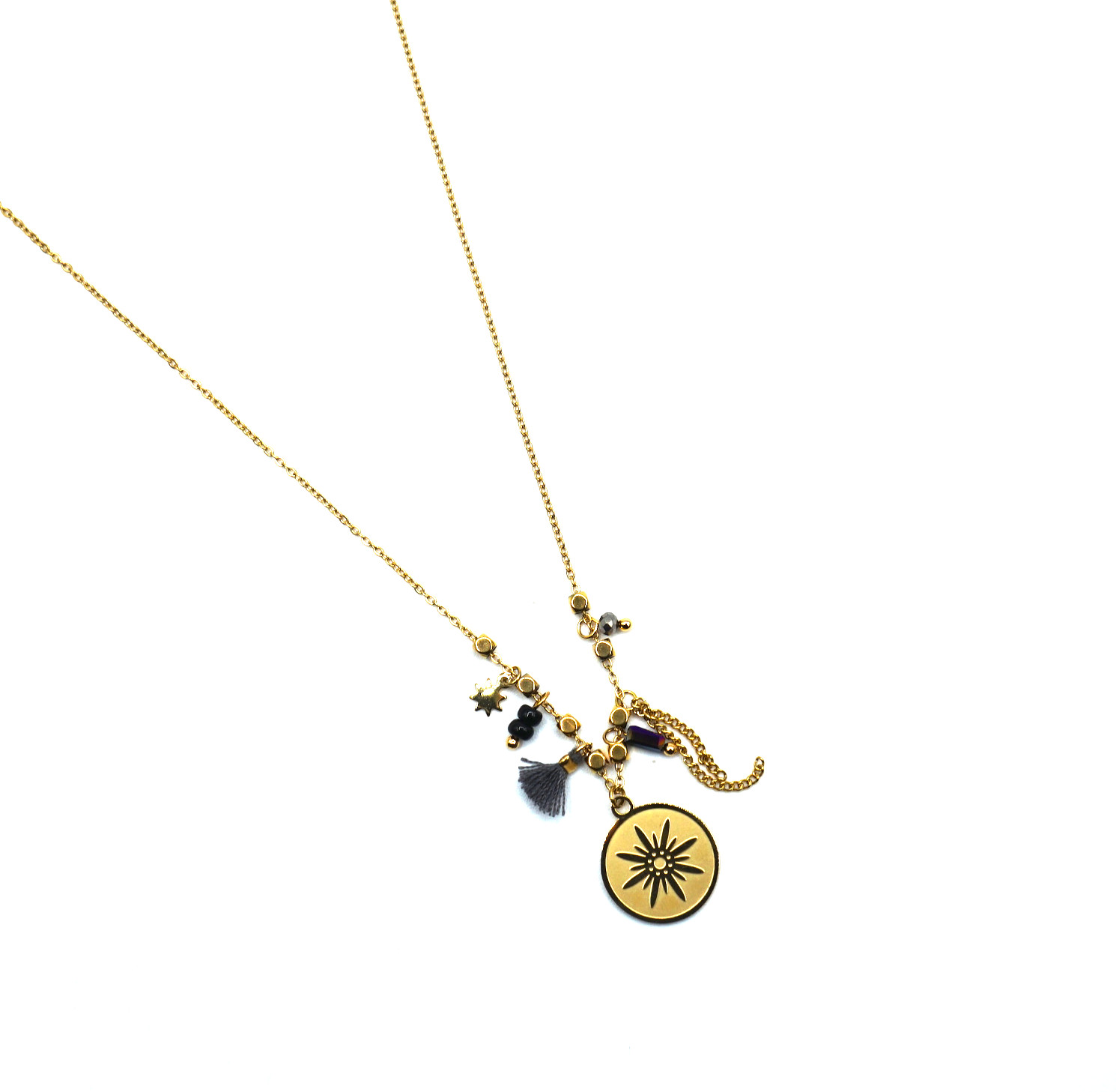 Collier Chaîne Dorée Avec Pendentif Cercle - Breloque Métal Plaqué Or - Neuf