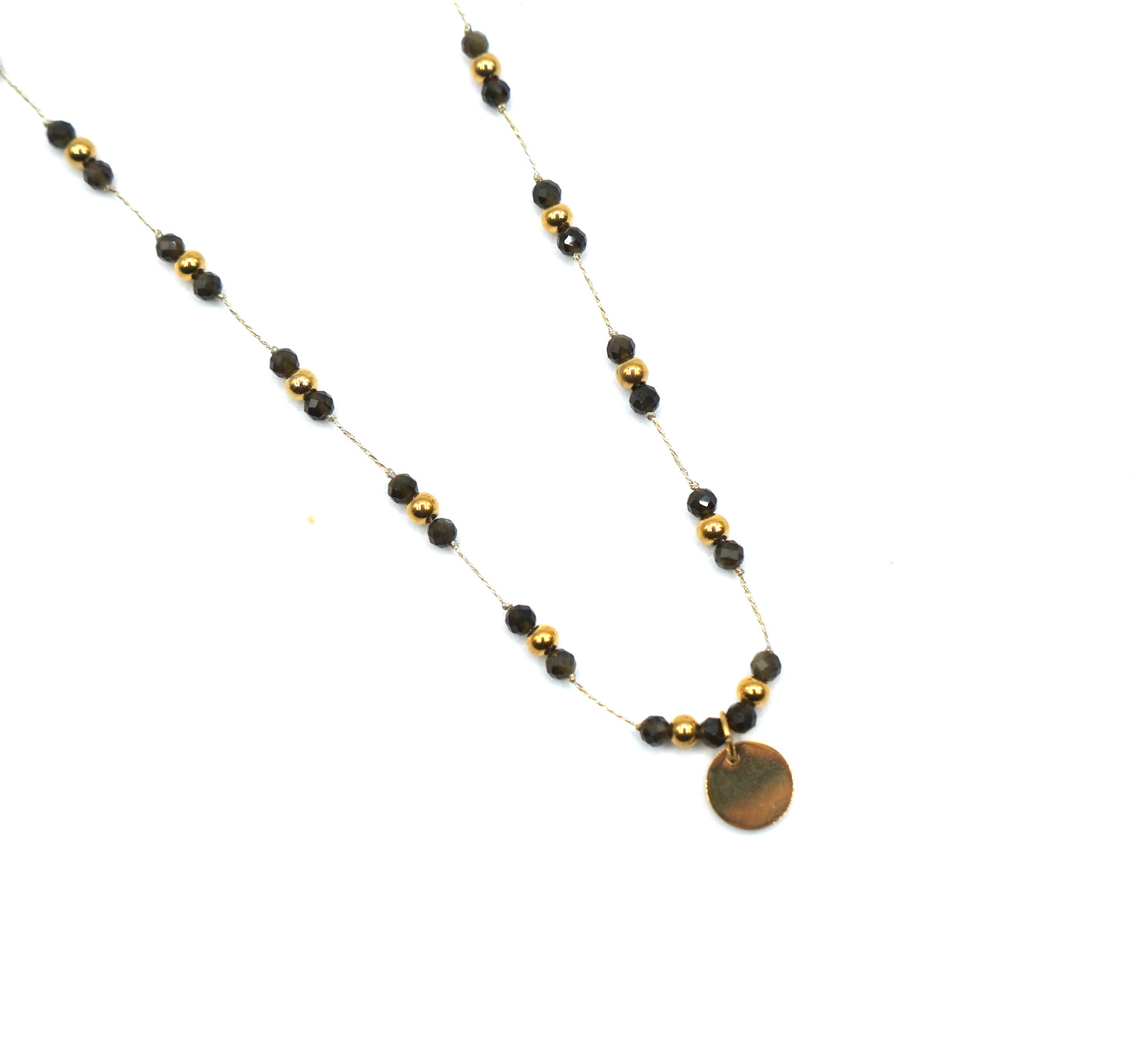 Collier Sucre chaîne fine perles noires et dorées