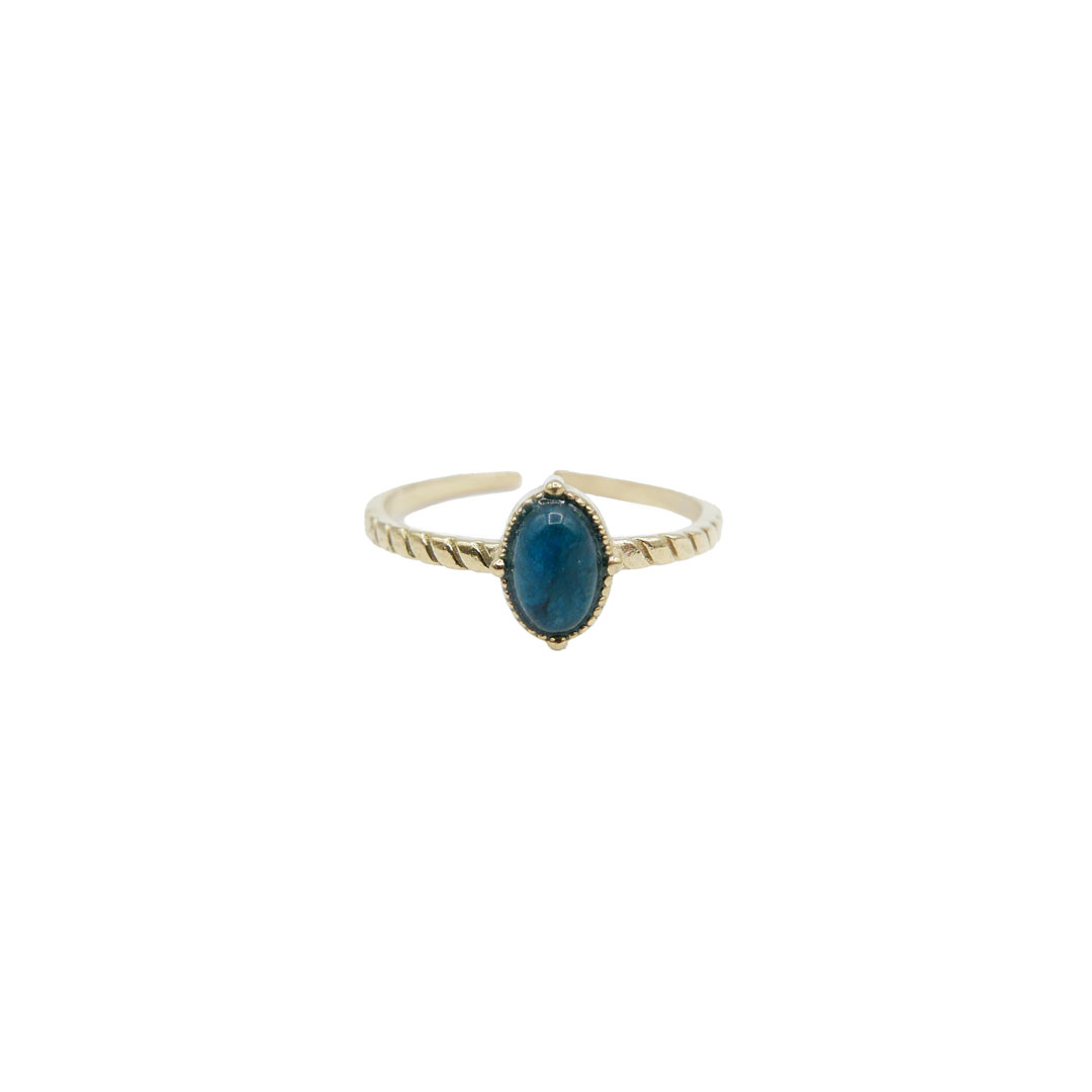 Bague acier doré anneau torsadé et medaillon ovale serti d'une pierre bleue