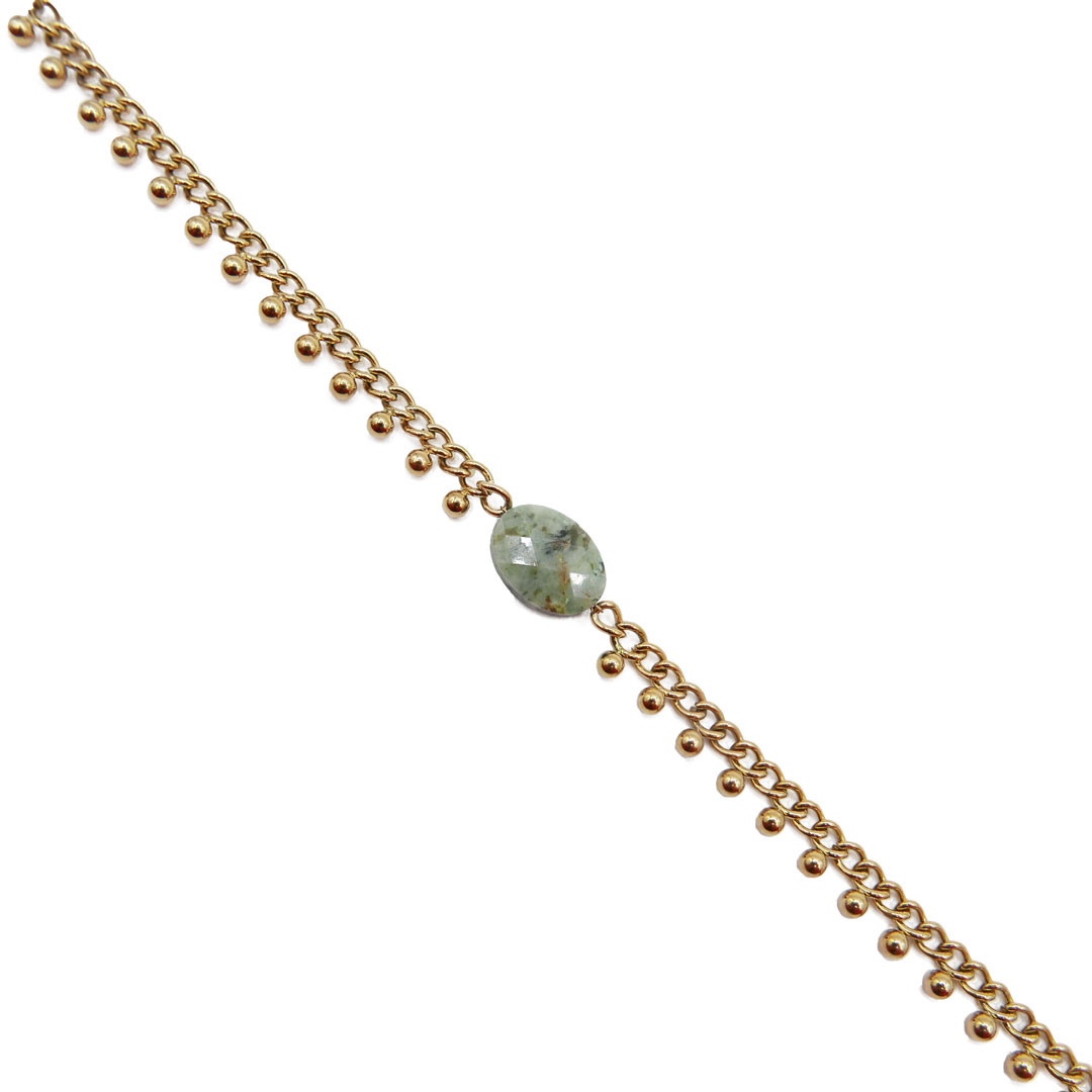 Bracelet acier doré perles dorées et pierre ovale pin africain