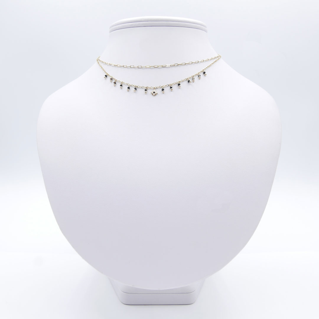 collier double rang ras de cou perles noires pendentif etoile