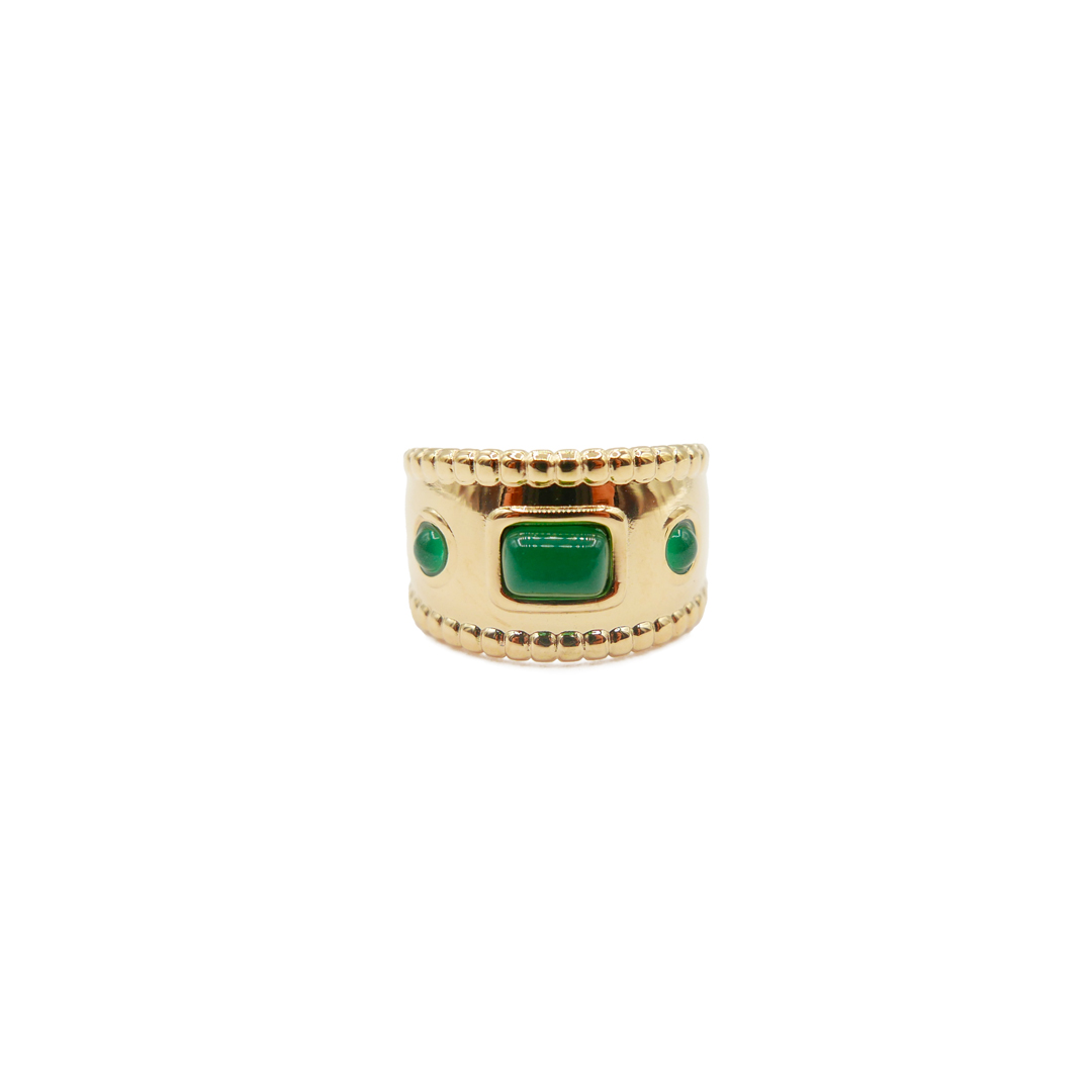 Bague-acier doré inoxydable anneau épais et pierres vertes
