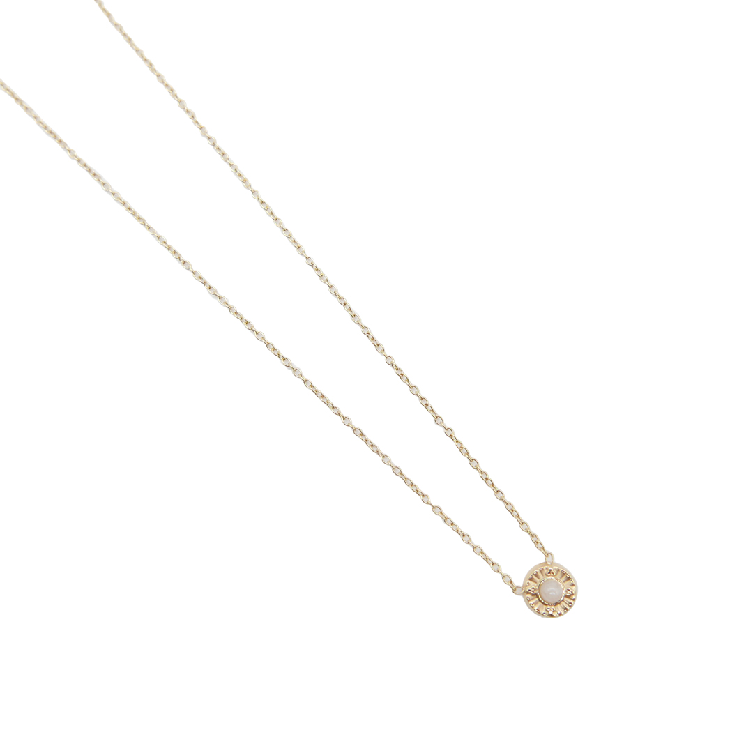 Collier-acier doré petit pendentif rond serti d'une pierre blanche