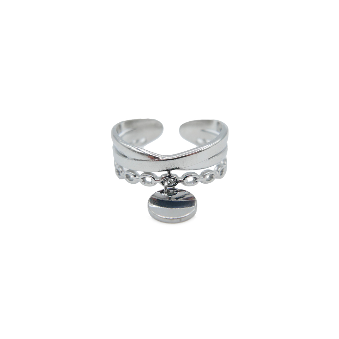 Bague-multi anneaux acier argenté breloque ronde